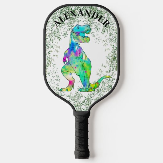 T. rex. kleurrijke dinosaurus gepersonaliseerd pickleball paddle (Voorkant)