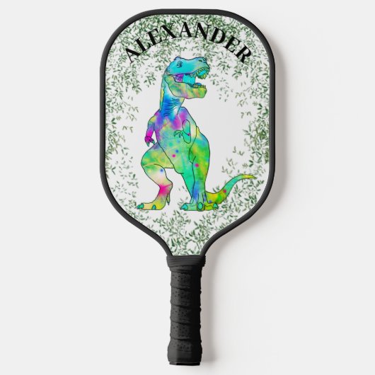 T. rex. kleurrijke dinosaurus gepersonaliseerd pickleball paddle (Achterkant)