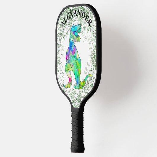 T. rex. kleurrijke dinosaurus gepersonaliseerd pickleball paddle (Links)