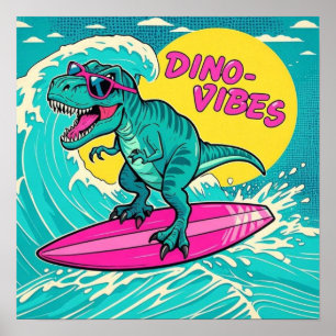 T-Rex met een zonnebril op en rijdend op een neon  Poster
