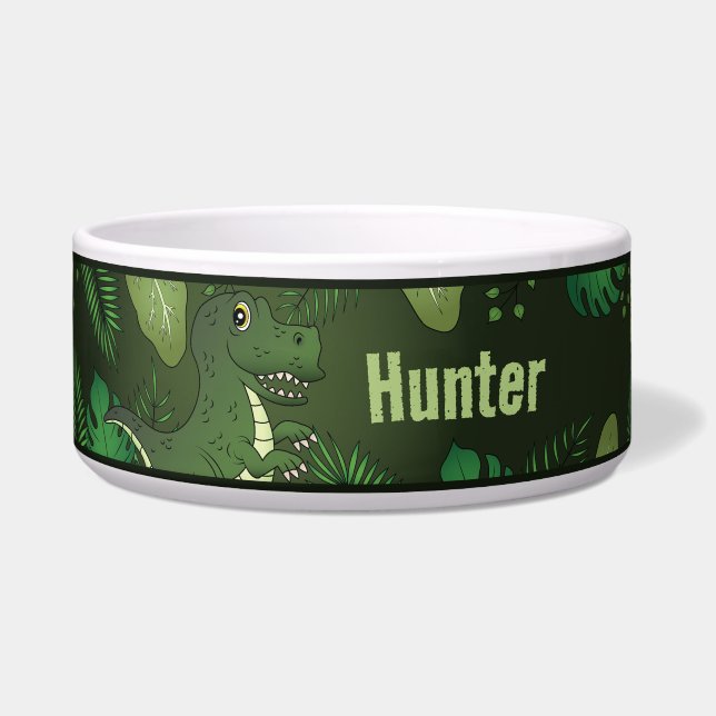 T-rex met groene tropische Planten en aangepaste n Voerbakje (Voorkant)