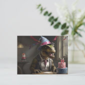 T-rex met verjaardagshoed briefkaart (Staand voorkant)