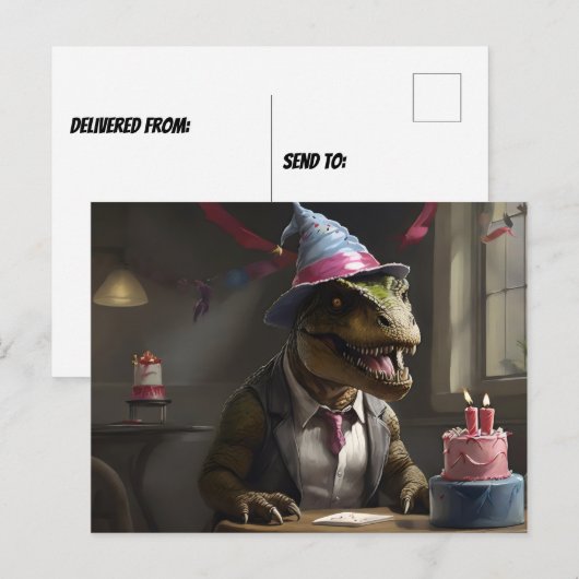 T-rex met verjaardagshoed briefkaart (Voorkant / Achterkant)
