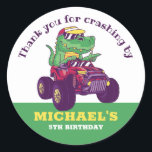 T-Rex Monster Truck Dinosaur Kids Birthday Party Ronde Sticker<br><div class="desc">Kute party gunsten voor kinderen,  jongens of meisjes die van dinosaurussen houden en t-rex. Ideaal voor kinderen op verjaardagsfeestje,  feestvieren en dankjewel op het label. U kunt de tekst voor baby shower of andere gelegenheid en partij ook aanpassen.</div>