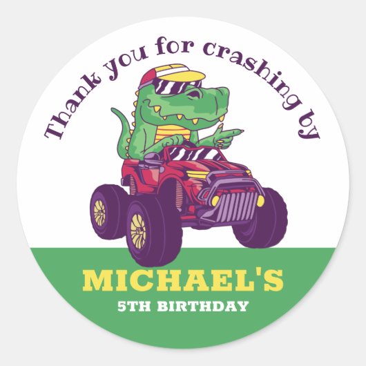 T-Rex Monster Truck Dinosaur Kids Birthday Party Ronde Sticker (Voorkant)