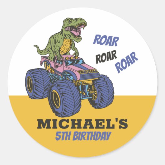 T-Rex Monster Truck Dinosaur Kids Birthday Party Ronde Sticker (Voorkant)