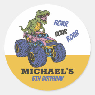 T-Rex Monster Truck Dinosaur Kids Birthday Party Ronde Sticker