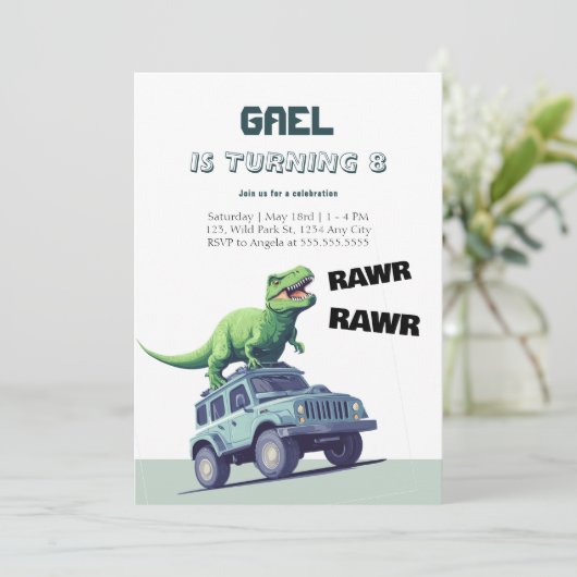 T-Rex Monster Truck Rawr Dinosaur Kids Birthday Kaart (Staand voorkant)