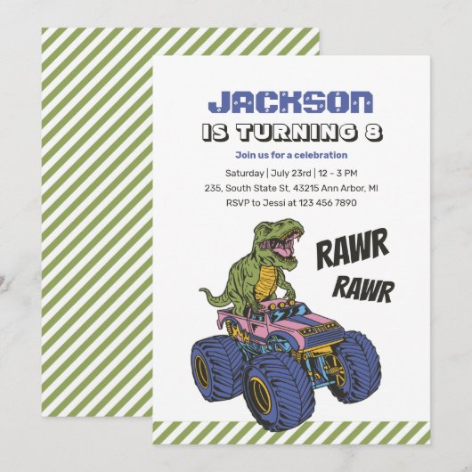 T-Rex Monster Truck Rawr Dinosaur Kids Birthday Kaart (Voorkant / Achterkant)