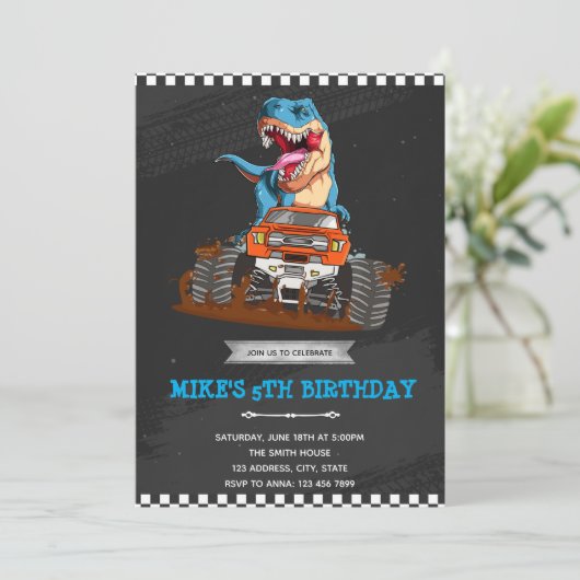 T rex monster truck thema kaart (Staand voorkant)