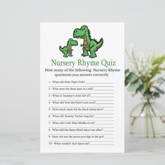 T-rex Nursery Rhyme Quiz baby shower game (Staand voorkant)