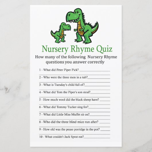 T-rex Nursery Rhyme Quiz baby shower game (Voorkant)