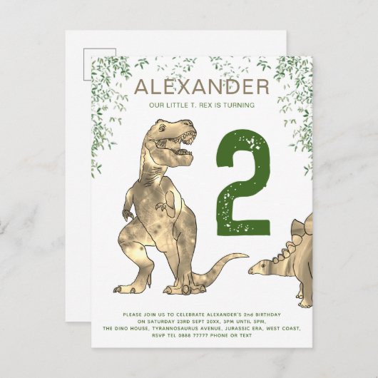 T. rex oerwoud 2e verjaardag van de begroting van  uitnodiging briefkaart (Voorkant / Achterkant)
