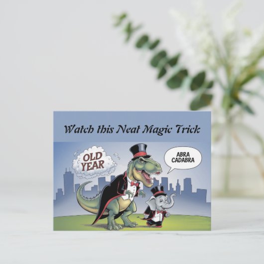 T-rex & olifant goocheltruc nieuwe jaren briefkaart (Staand voorkant)