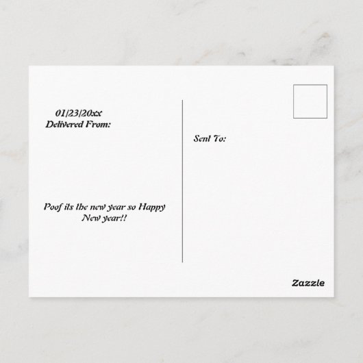 T-rex & olifant goocheltruc nieuwe jaren briefkaart (Achterkant)