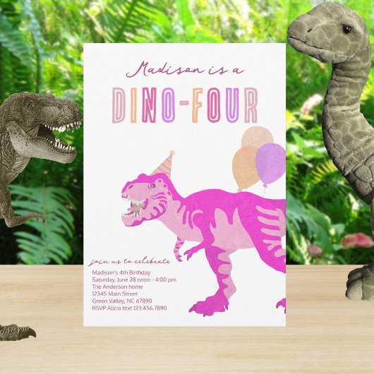 T-Rex Pink Dino-Four Vierde 4e verjaardagsfeest Kaart