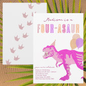 T-Rex Pink Four-Asaur Dino Fourth Birthday Party Kaart