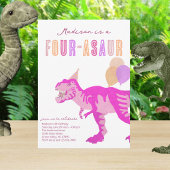 T-Rex Pink Four-Asaur Dino Fourth Birthday Party Kaart