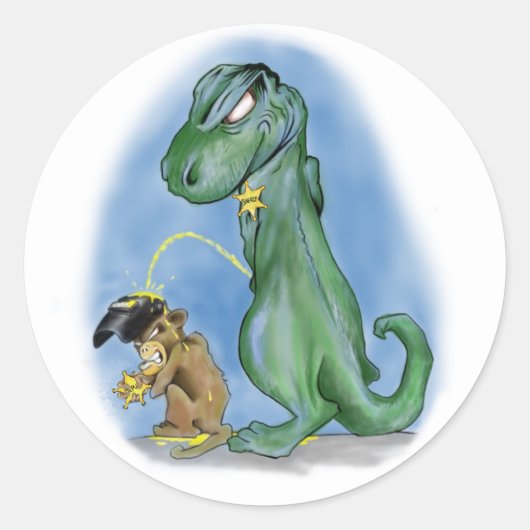 T-rex plassen op een aap ronde sticker (Voorkant)