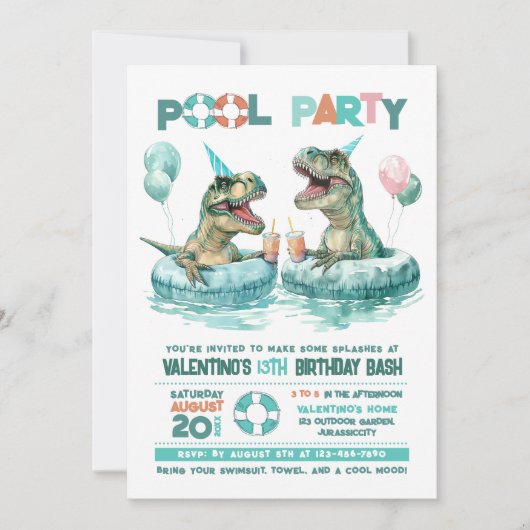 T-Rex Pool Party Uitnodiging Verjaardag (Voorkant)