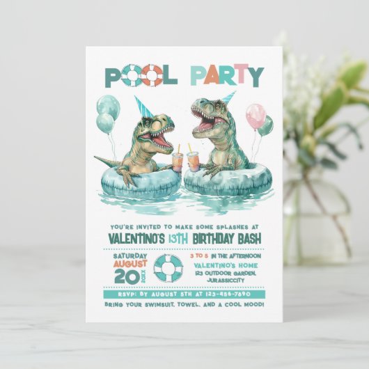T-Rex Pool Party Uitnodiging Verjaardag (Staand voorkant)