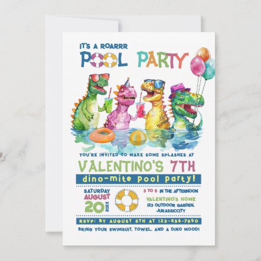 T-Rex Pool Party Uitnodiging Verjaardag (Voorkant)