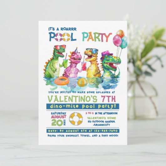 T-Rex Pool Party Uitnodiging Verjaardag (Staand voorkant)