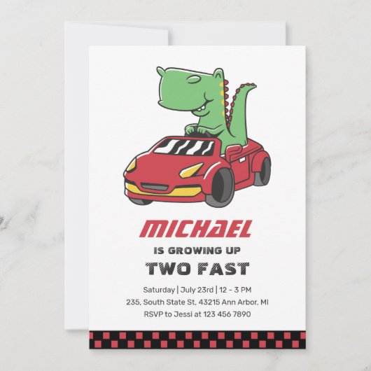 T-Rex Race auto Twee Fast Boys Birthday Uitnodigin Kaart (Voorkant)