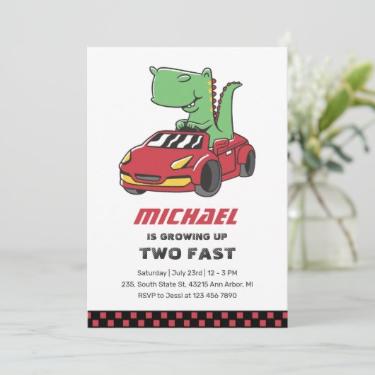 T-Rex Race auto Twee Fast Boys Birthday Uitnodigin Kaart (Staand voorkant)