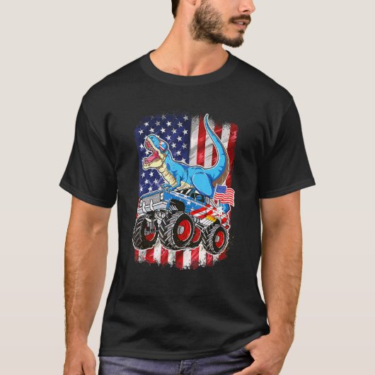 T Rex Riding Monster Truck 4 juli American Fl T-shirt (Voorkant)