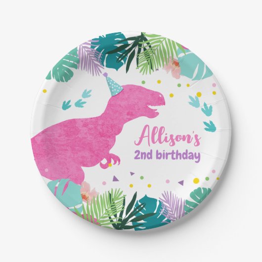 T-Rex Roze Dinosaurus Meisje Dino Prehistorische V Papieren Bordje (Voorkant)