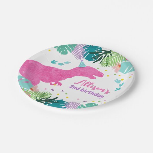 T-Rex Roze Dinosaurus Meisje Dino Prehistorische V Papieren Bordje (Gekanteld)