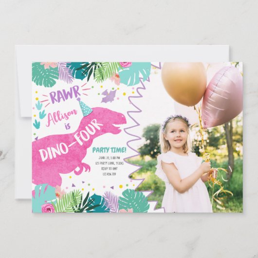 T-Rex Roze Dinosaurus Meisje Dino Vier 4e Verjaard Kaart (Voorkant)