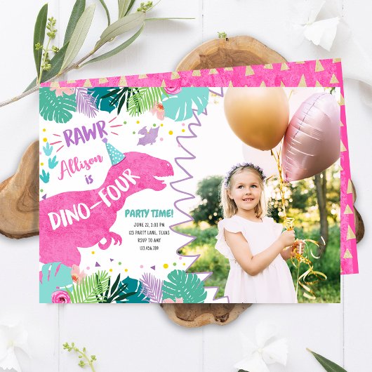 T-Rex Roze Dinosaurus Meisje Dino Vier 4e Verjaard Kaart