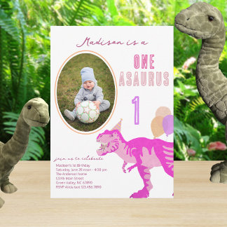 T-Rex Roze Foto Elke Leeftijd Schattige 1e Verjaar Kaart
