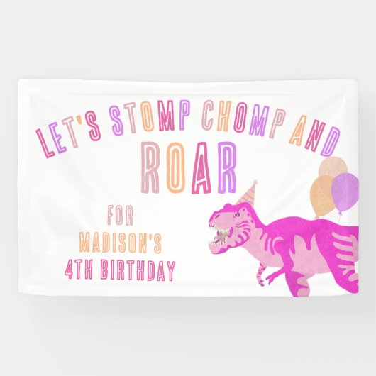 T-Rex Roze Stomp Chomp Roar Dinosaurus Verjaardag Spandoek (Horizontaal)