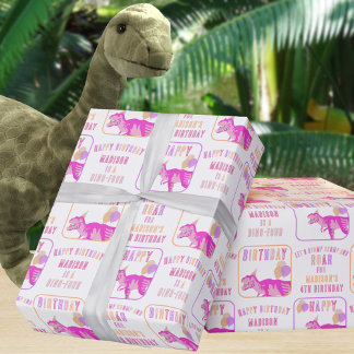 T-Rex Roze Voeg naam en leeftijd Dinosaurus Verjaa Cadeaupapier