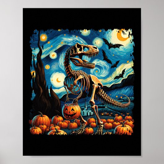 T-rex Skelet Halloween Van Gogh Starry Night Val Poster (Voorkant)
