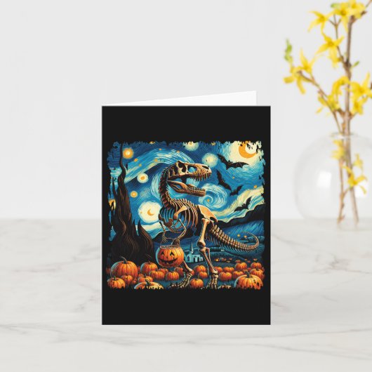 T-rex skelet Halloween Van Gogh Sterrennacht Fal Kaart (Gele Bloem)
