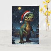 T-Rex Sterrennacht Kerst Dinosaurus Custom Kaart (Gele Bloem)