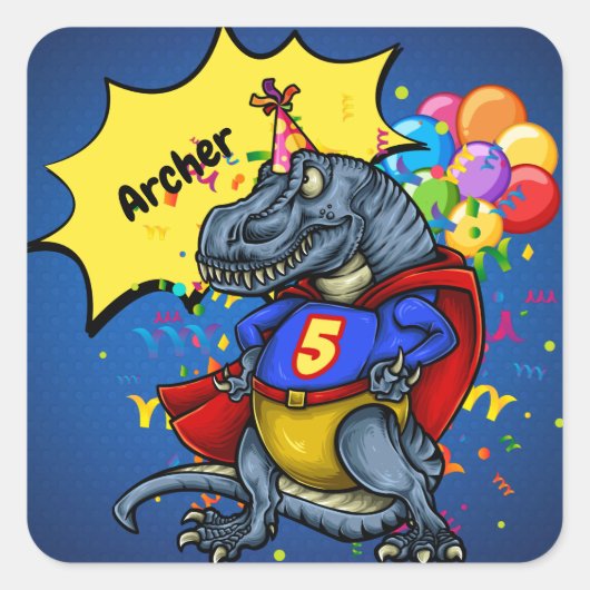T-Rex Superheld 5th Birthday Vierkante Sticker (Voorkant)