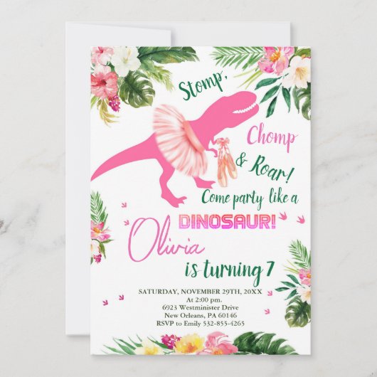 T-Rex Tutus Verjaardag Uitnodigen, Blush Pink Tutu Kaart (Voorkant)