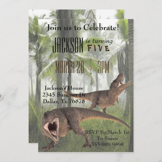 T-Rex Tyrannosaurus Rex Dinosaur Birthday Invite Kaart (Voorkant / Achterkant)