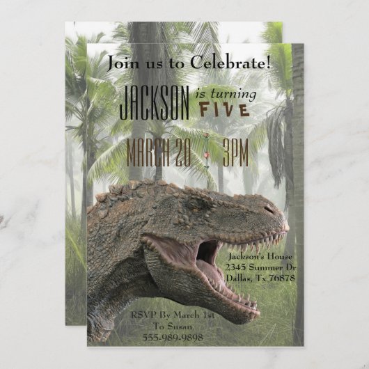 T-Rex Tyrannosaurus Rex Dinosaur Birthday Invite Kaart (Voorkant / Achterkant)