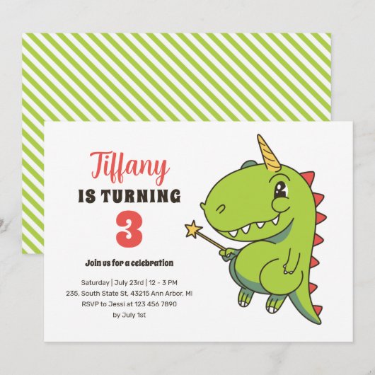 T-Rex Unicorn Fairy Kinder Dinosaur Birthday Kaart (Voorkant / Achterkant)