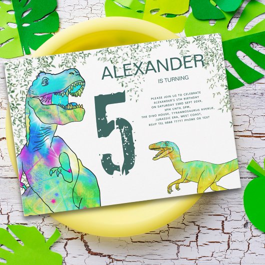 T-Rex Velociraptor Dinosaur 5e Verjaardagsfeestje Kaart