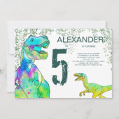 T-Rex Velociraptor Dinosaurus 5e Verjaardagsfeest Kaart (Voorkant)