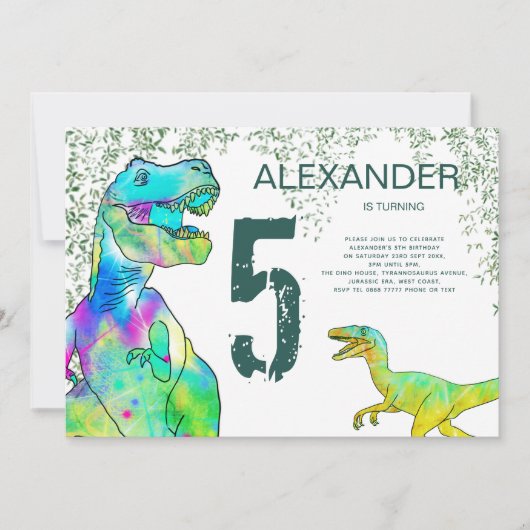 T-Rex Velociraptor Dinosaurus 5e Verjaardagsfeest Kaart (Voorkant)