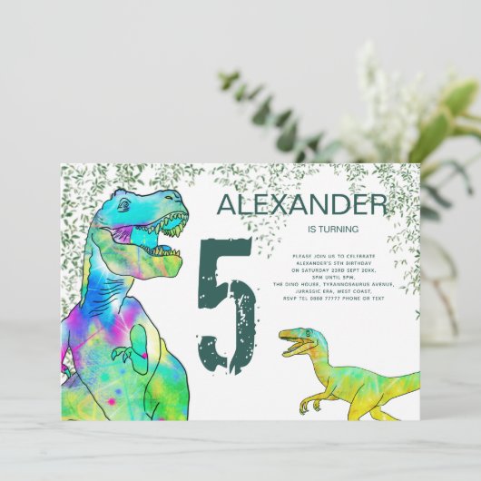 T-Rex Velociraptor Dinosaurus 5e Verjaardagsfeest Kaart (Staand voorkant)