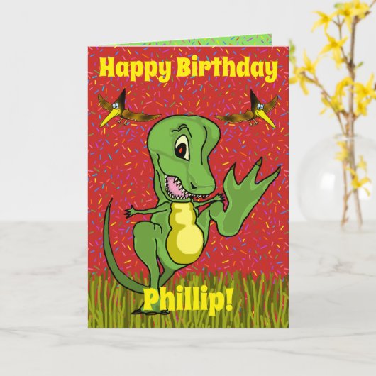 T-Rex Verjaardag Kaart (Gele Bloem)